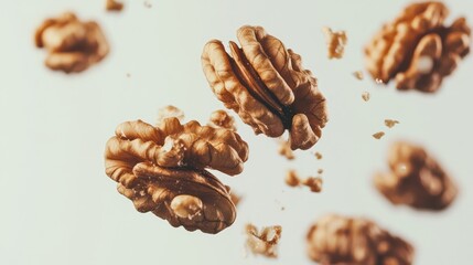Poster - Close-up of walnuts floating against a clean white backdrop showcasing their texture and natural beauty in a minimalistic composition