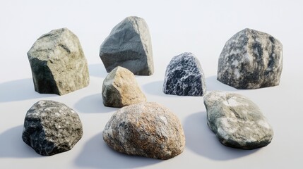 Poster - Assorted natural stones displayed on a neutral background showcasing various textures and colors ideal for landscaping or design projects.