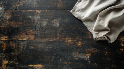 Poster - Rustic dark wooden tabletop with linen kitchen towel creating a cozy kitchen atmosphere for food photography and culinary designs