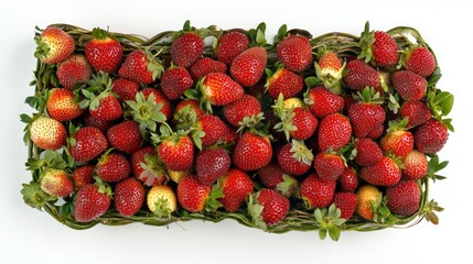 Poster - Fresh ripe strawberries in a rectangular woven basket on a white background with ample copy space for text or branding purposes.