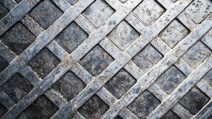 Poster - Manhole cover grid pattern on textured metallic surface with weathered details and industrial aesthetic