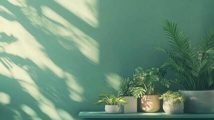 Poster - Modern living room with vibrant plants in stylish pots on a green shelf against a green wall showcasing a home garden aesthetic