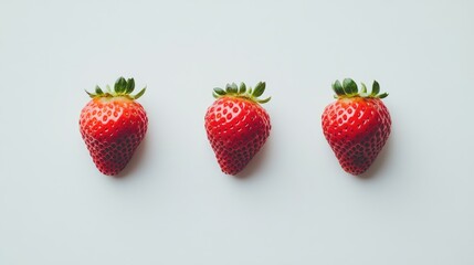 Aufkleber - Three vibrant red strawberries arranged in a row on a clean white background showcasing their fresh texture and natural beauty.