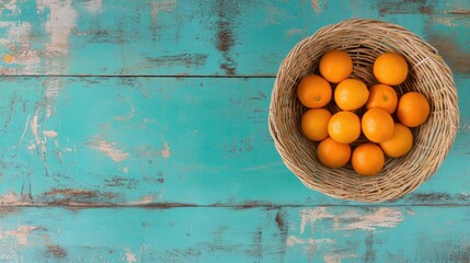 Poster - Straw basket filled with fresh clementine oranges on a vibrant wooden table top view with ample copy space for design or advertising