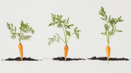 Aufkleber - Fresh organic carrots with green tops growing from soil on white background showcasing healthy vegetables and vibrant colors in close up