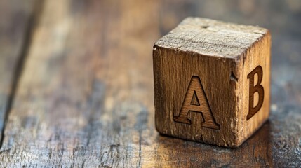 Poster - Wooden cube featuring engraved letters A and B resting on a rustic wooden surface creating an eye-catching visual element for design projects