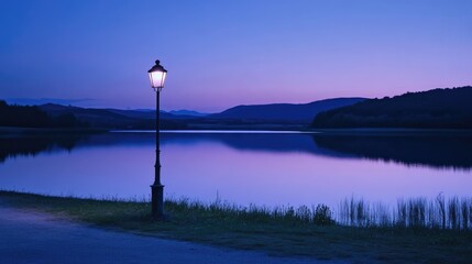 Poster - Serene twilight scene with vintage street light reflecting on tranquil lake waters surrounded by gentle hills and lush greenery
