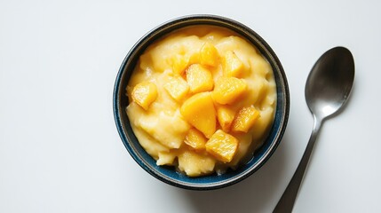 Aufkleber - Homemade peach pudding bowl with diced dried peaches and spoon on a white background captured from top perspective.