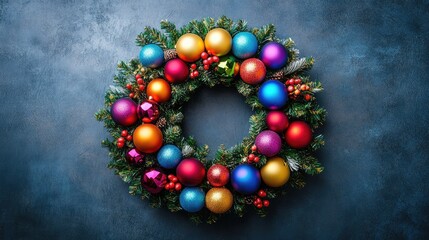 Poster - Colorful Christmas wreath with vibrant ornaments and pinecones on a dark textured background showcasing holiday spirit and decoration ideas