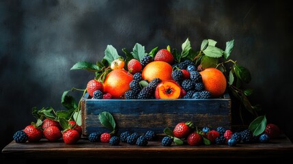 Poster - Vibrant still life featuring a bountiful arrangement of fresh fruits and berries in a rustic wooden crate on a dark background