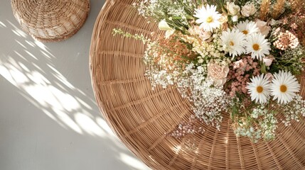 Aufkleber - Minimalist wedding decoration with wicker design featuring fresh flowers in a top view arrangement on a neutral background