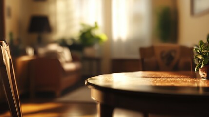 Poster - Cozy Living Room Atmosphere Blurred Background with Wooden Table and Green Plant