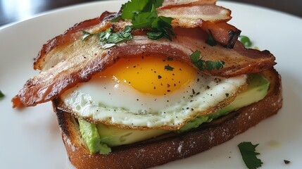Aufkleber - Avocado toast with fried egg and crispy bacon garnished with fresh cilantro on a white plate