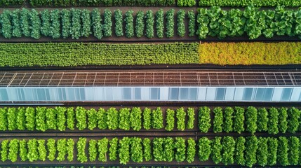 Poster - Aerial perspective of a greenhouse showcasing vibrant rows of diverse organic vegetables with flourishing lettuce and other crops in cultivation