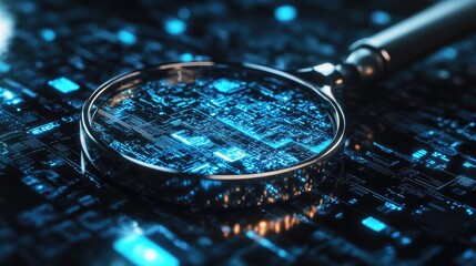 Poster - Digital magnifying glass examining a circuit board illustrating search technology and data analysis concepts in a high-tech environment