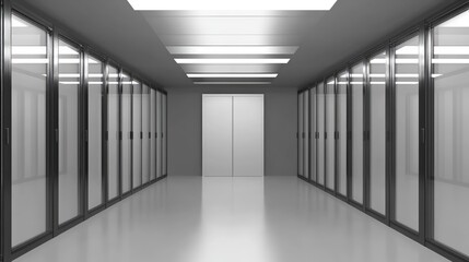 Poster - Modern Data Center Interior with Server Racks and Mirror Finish Reflecting Light in Minimalist Design