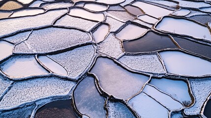 Poster - Aerial view of snow-covered agricultural fields showcasing intricate landscape patterns and textures in winter season.