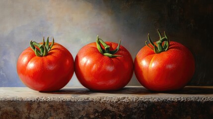 Poster - Three plump ripe tomatoes displayed on a textured stone table against a softly blurred background
