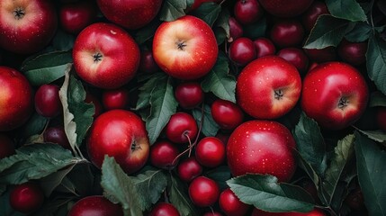 Aufkleber - Variety of red apples and cherries surrounded by green leaves on a dark background showcasing fresh fruit harvest.