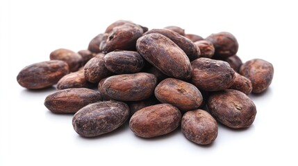 Poster - Cocoa beans pile on a white background showcasing natural ingredients essential for dessert making and chocolate production in culinary arts