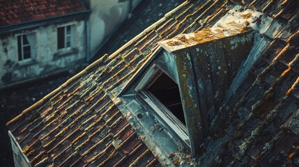 Aufkleber - Rustic roof corner with mossy tiles under soft light showcasing weathered architecture and historical charm