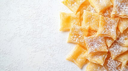 Poster - Homemade chiacchiere carnival sweets dusted with powdered sugar arranged on a white background with space for text