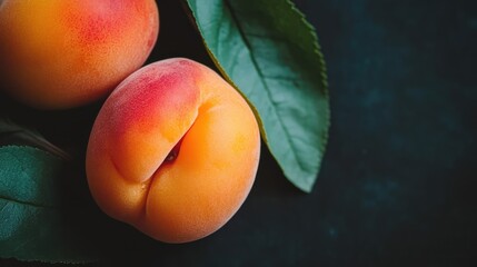 Aufkleber - Fresh ripe apricots with green leaves on a dark background showcasing their vibrant colors and natural textures in isolation
