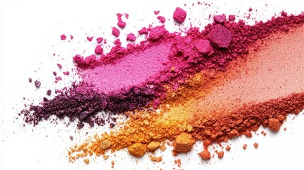Aufkleber - Colorful cosmetic powder blush swatches arranged artistically on a white background showcasing vibrant shades for beauty products and makeup.