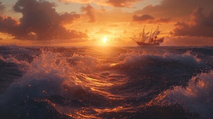 Poster - Dynamic ocean waves crashing at sunset with a vintage ship silhouette against a vibrant sky and reflective water surface.