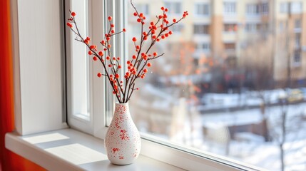Poster - Vase with red branches beautifully arranged on a sunny windowsill with a blurred urban background.