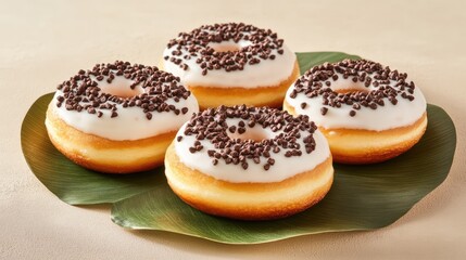 Poster - Donut cakes with chocolate sprinkles arranged on a green leaf plate against a neutral beige background for a delightful dessert presentation.