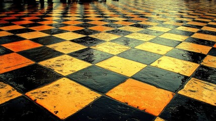 Poster - Wet checkerboard tiles glistening in the rain showcasing vibrant colors and reflections in a captivating urban setting