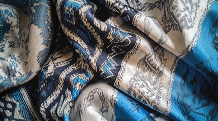 Poster - Multicolored silk fabric texture with bohemian pattern showcasing abstract rhombus design in blue and beige for stylish design projects