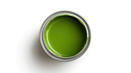 Poster - Aerial view of a fresh can of green paint showcasing vibrant color against a clean white background Ð´Ð»Ñ art and design themes