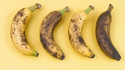 Poster - Damaged bananas in various stages of ripeness arranged on a bright yellow background showcasing transportation bruises and imperfections
