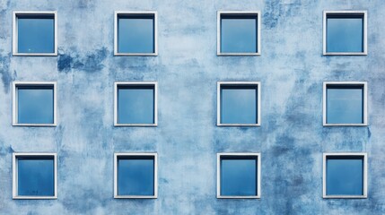 Poster - Abandoned building facade with empty windows showcasing weathered blue texture and urban decay ambiance