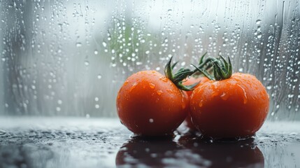 Aufkleber - Fresh ripe tomatoes with droplets of water on a reflective surface near a rain-drenched window creating a vibrant and refreshing ambiance
