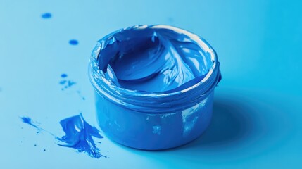 Poster - Vibrant blue paint in a container with a smooth texture and artistic splatters on a blue background