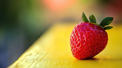 Poster - Fresh strawberry resting on a vibrant yellow table surface with a blurred green background emphasizing its rich red color.