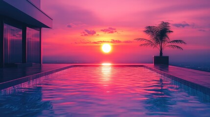 Poster - Serene sunrise over a tranquil swimming pool with vibrant pink and orange hues reflecting on the water surface
