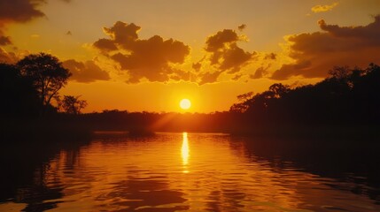 Poster - Golden sunset over tranquil waters with vibrant orange reflections and silhouetted trees creating a serene evening atmosphere.