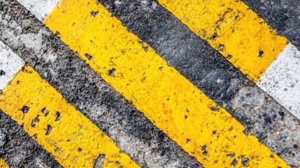 Poster - Elevated view of worn yellow lines and concrete steps in an industrial warehouse setting showcasing texture and contrast
