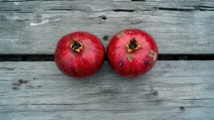 Poster - Ripe pomegranates displayed on a rustic wooden surface showcasing their vibrant color and natural beauty