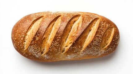 Poster - Top view of a golden brown baked bread loaf with slashes on a white background showcasing texture and crust detail