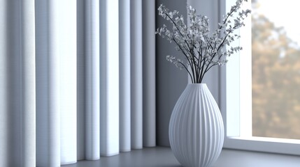 Poster - Elegant vase with flowers on a window sill beside soft curtains in a tranquil indoor setting natural light illuminating the scene
