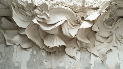 Poster - Abstract textured ceiling with disassembled elements showcasing deterioration and artistic detail in a decaying interior space.