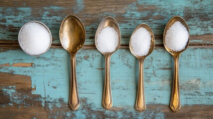 Poster - Spoons with salt arranged on a vintage wooden background highlighting texture and culinary themes