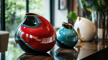 Poster - Elegant decorative vases in modern design showcasing vibrant colors on a stylish table in a contemporary interior setting