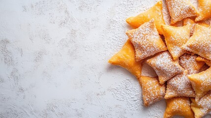 Poster - Traditional carnival sweets chiacchiere arranged beautifully on a white background showcasing their golden color and powdered sugar dusting