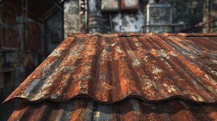 Poster - Rusty Corrugated Metal Roof Textures with Weathered Surface Detail in Urban Setting